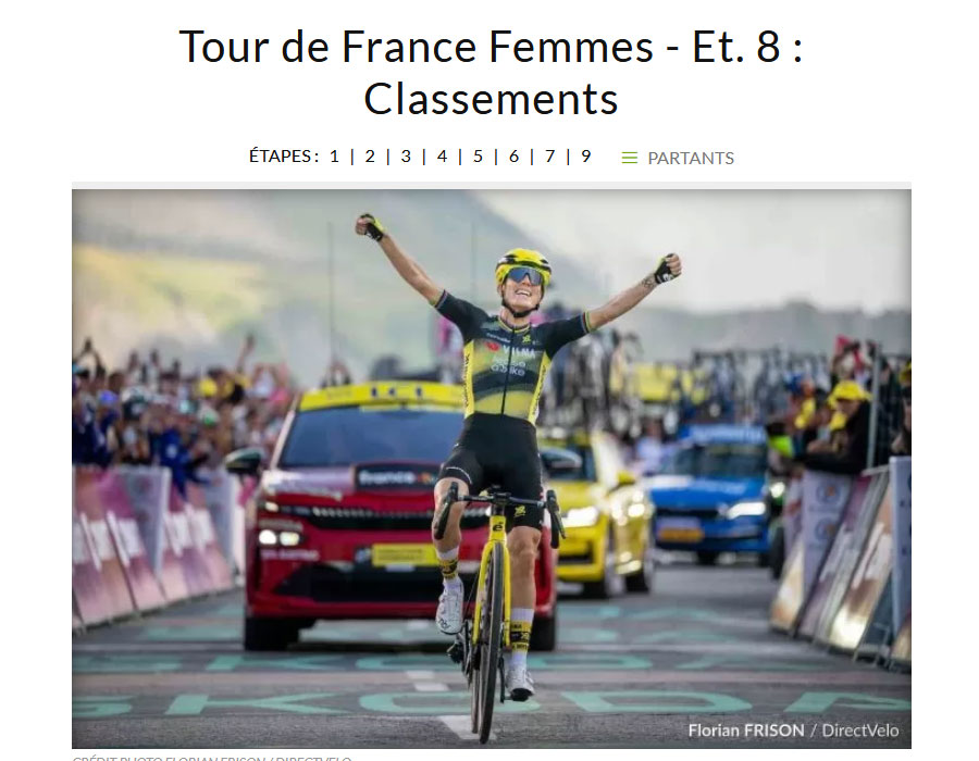 Article du média français Direct Velo sur les classements de l'étape 8 du Tour de France féminin 2025
