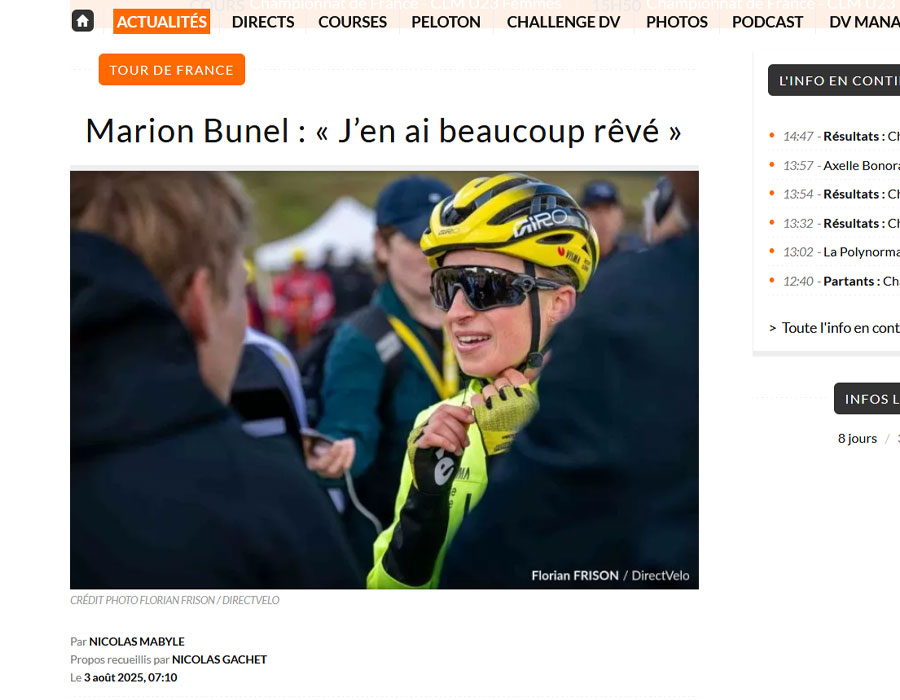 Article du média français Direct Velo sur la française Marion Bunel