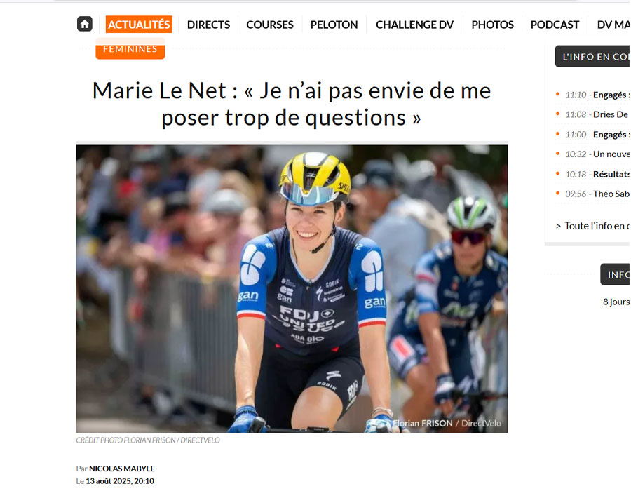 Article du média français Direct Velo sur la française Marie le Net