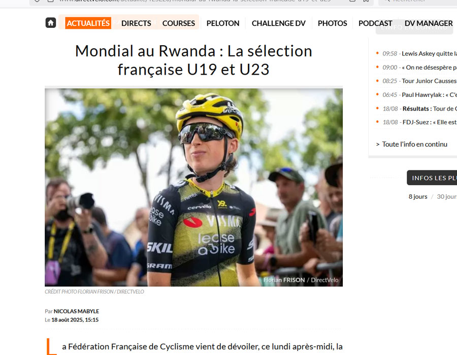 Article du média français Direct Velo sur les Championnats du Monde au Rwanda 2025