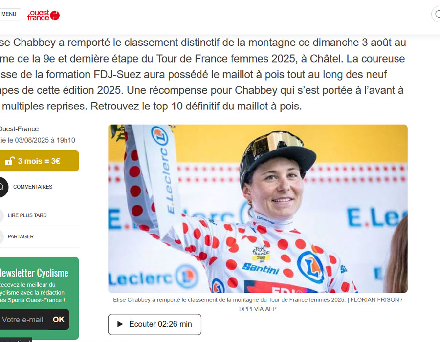 Article du média français Ouest-France sur la Suissesse Elise Chabbey