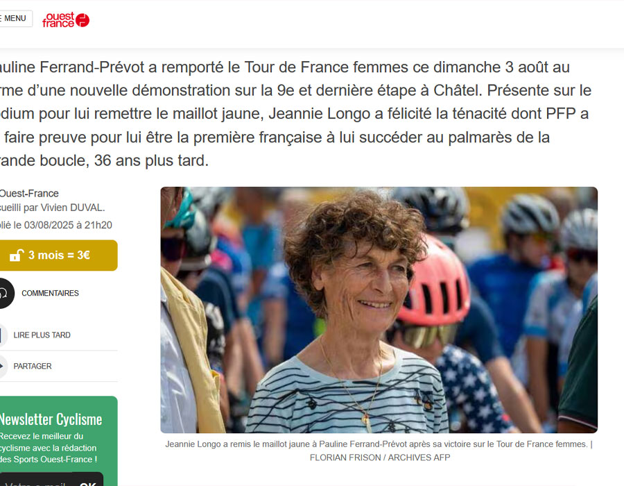 Article du média français Ouest-France sur la française Jeannie Longo