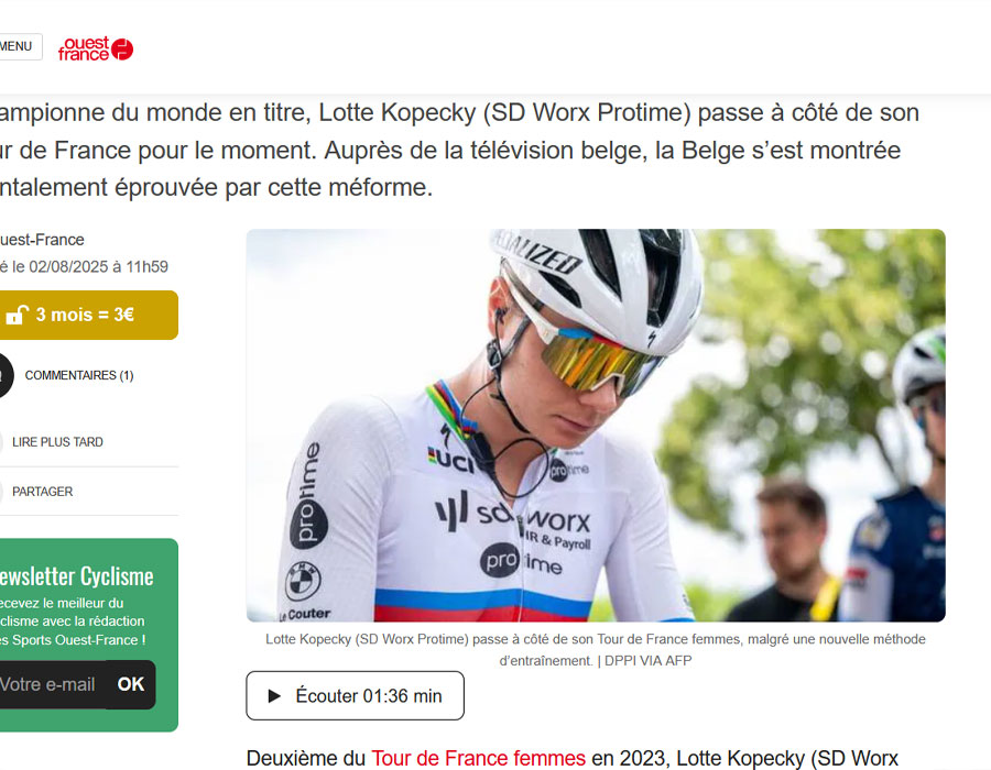 Article du média français Ouest-France sur la coureuse belge Lotte Kopecky