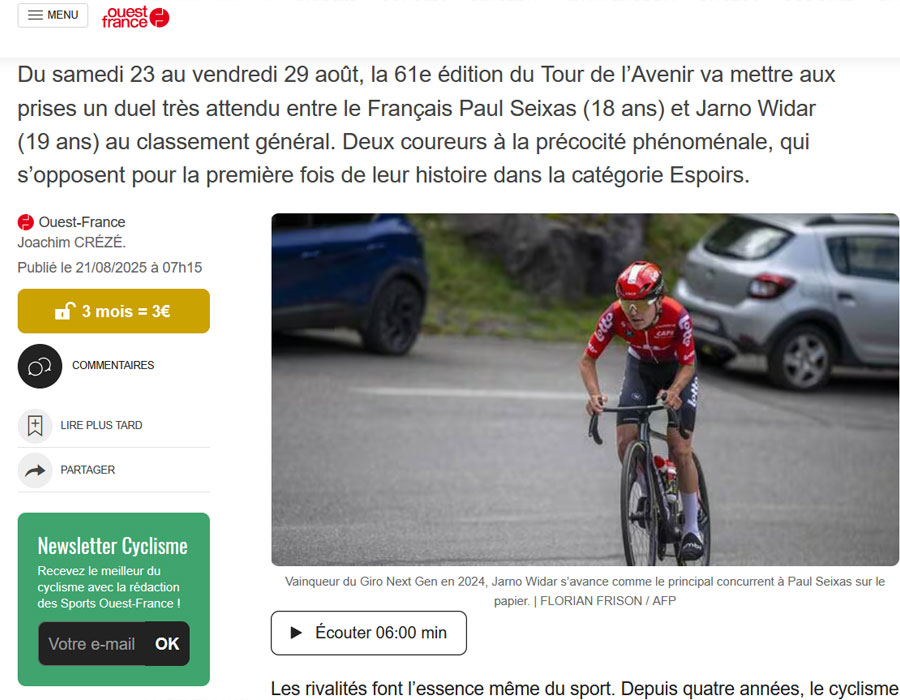 Article du média français Ouest-France sur le coureur Belge Jarno Widar