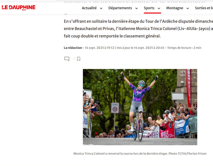 Article du média français Le Dauphine sur la victoire de l'italienne Monica Trinca Colonel 