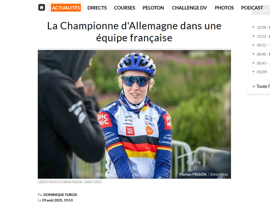Article du média français Direct Velo sur la coureuse allemande Franziska Koch<br /> 