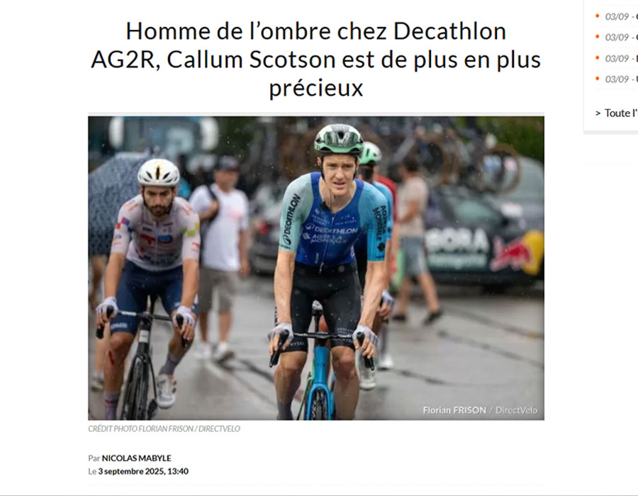 Article du média français Direct Velo sur le coureur Australien Callum Scotson<br /> 
