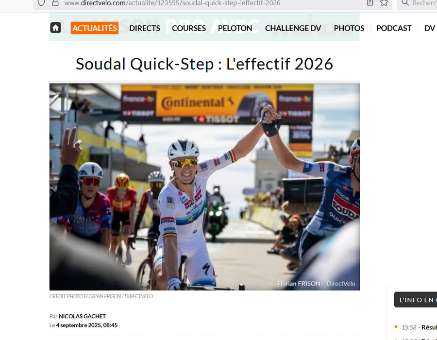 Article du média français Direct Velo sur l'équipe Belge Soudal Quick-Step