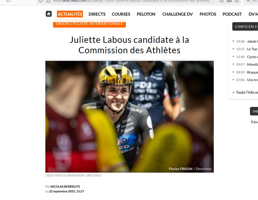 Article du média français Direct Velo sur la française Juliette LABOUS