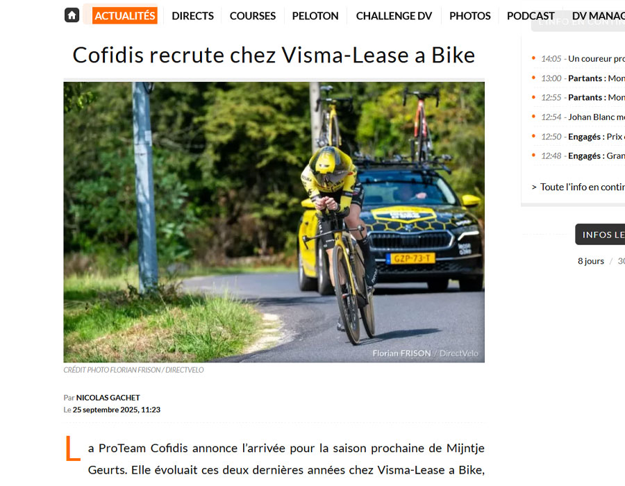 Article du média français Direct Velo sur l'Hollandaise Mijntje Geurts  