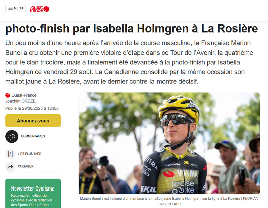 Article du média français Ouest-France sur la française Marion BUNEL