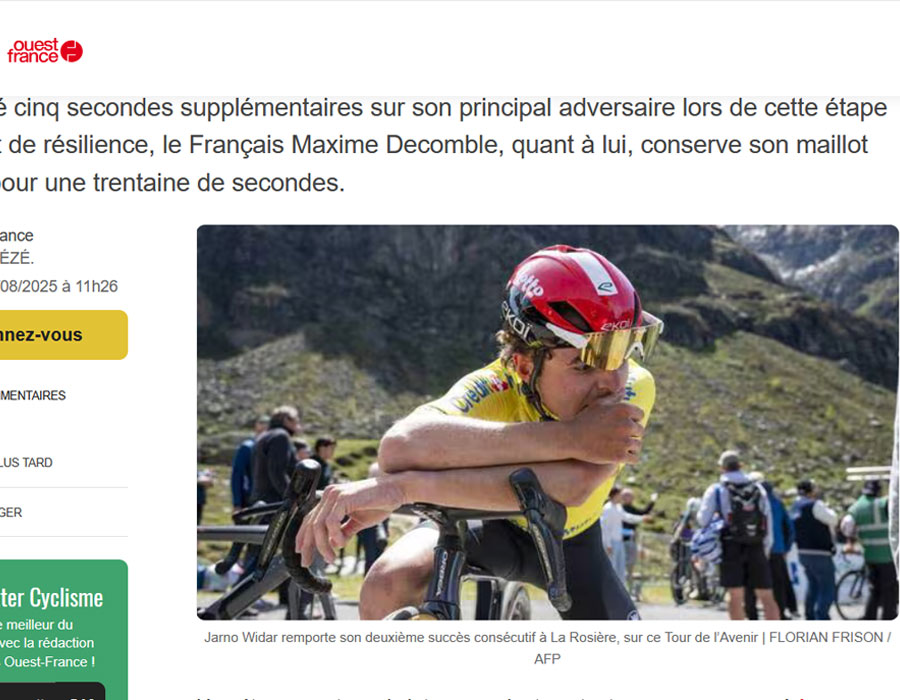 Article du média français Ouest-France sur le coureur Belge Jarno WIDAR