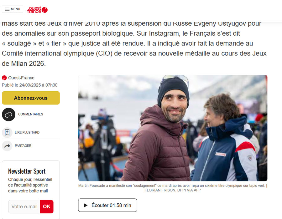 Article du média français Ouest France sur Martin Fourcade