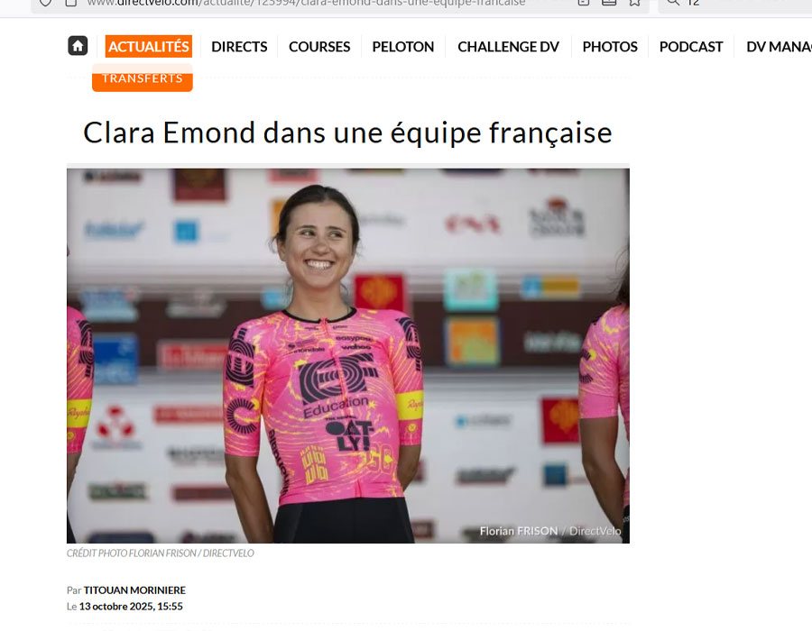 Article du média français Direct Velo sur la Canadienne Clara EMOND 