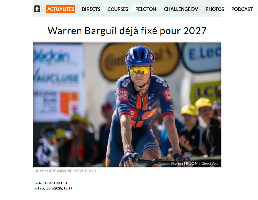 Article du média français Direct Velo sur le français Warren Barguil