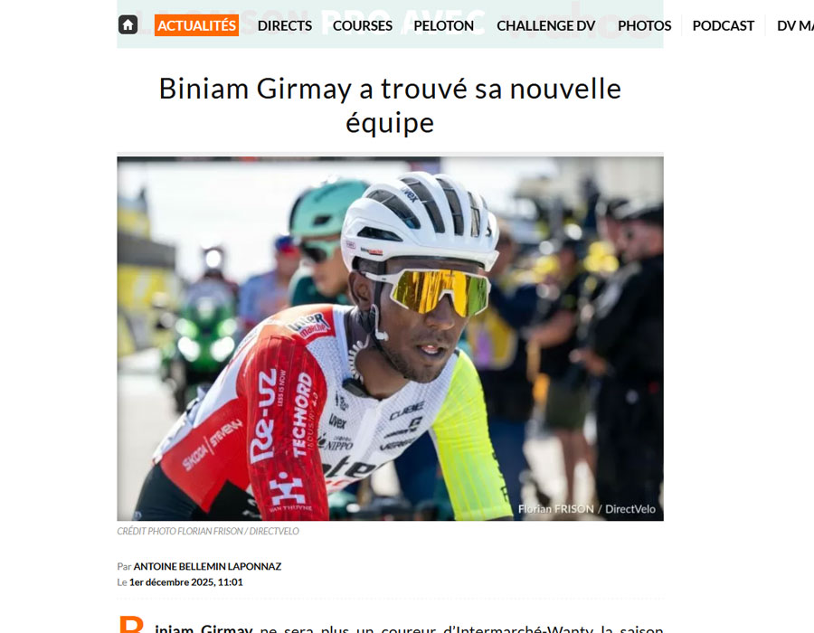 Article du média français Direct Velo sur le coureur Biniam Girmay