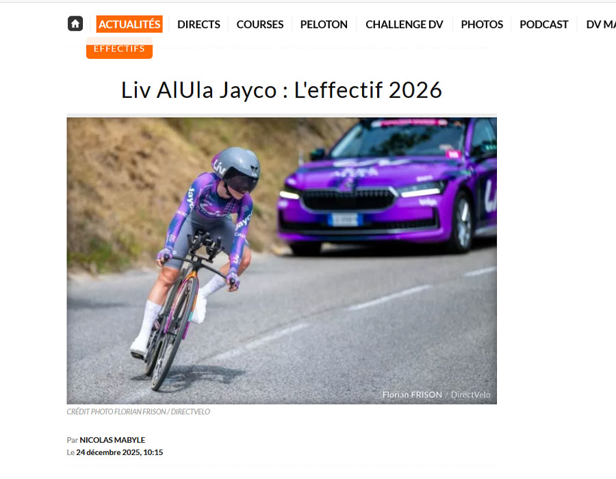 Article du média français Direct Velo sur l'équipe Liv Aiula Jayco