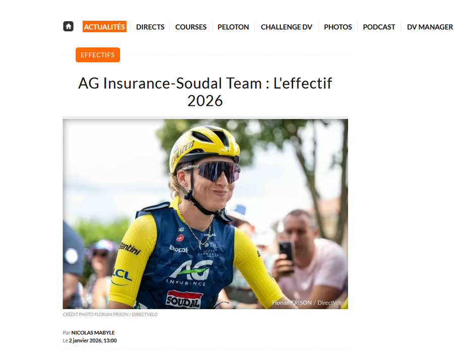 Article du média français Direct Velo sur l'équipe AG Insurance Soudal Team