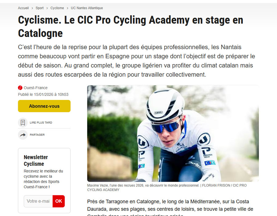 Article du média français Ouest France sur l'équipe CIC Pro Cycling Academy
