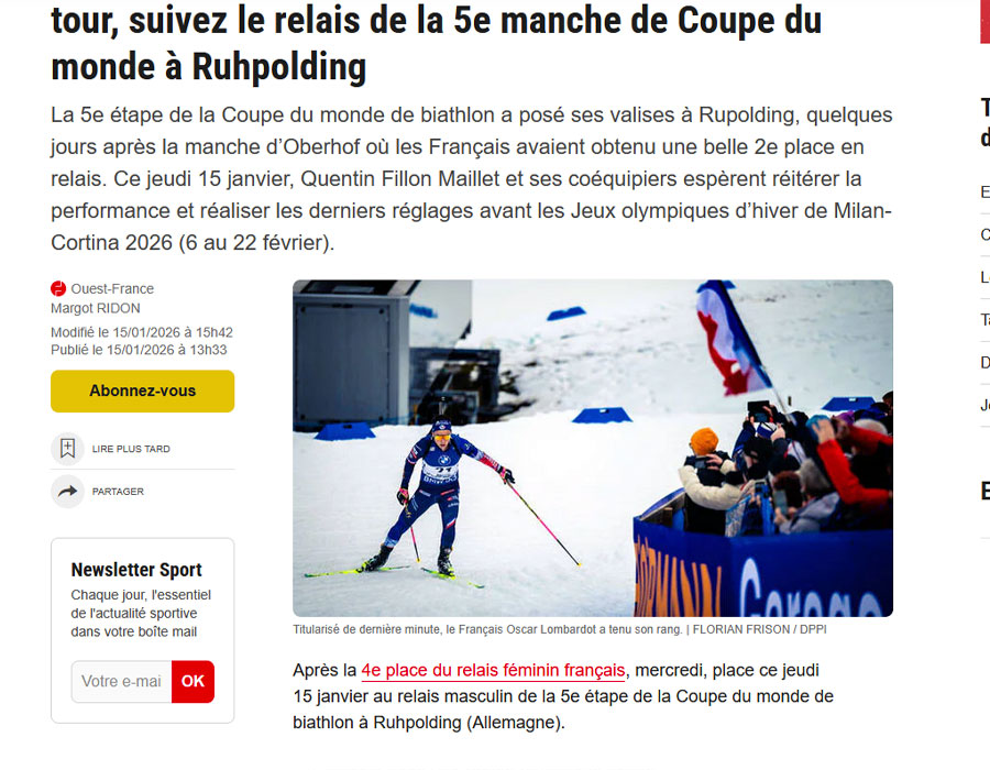 Article du média français Ouest France sur la Coupe du monde à Ruhpolding 