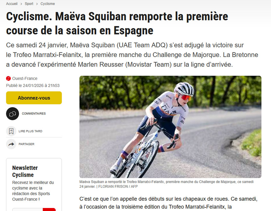 Article du média français Ouest France sur la coureuse française Maeva SQUIBAN