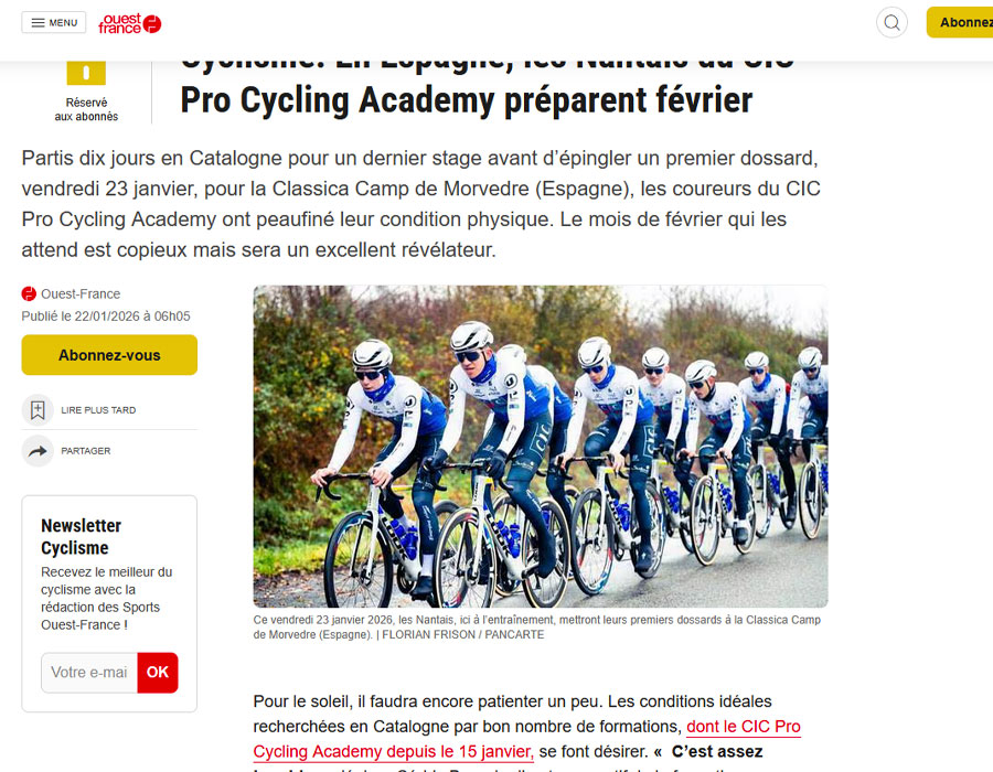 Article du média français Ouest France sur l'équipe CIC Pro Cycling Academy