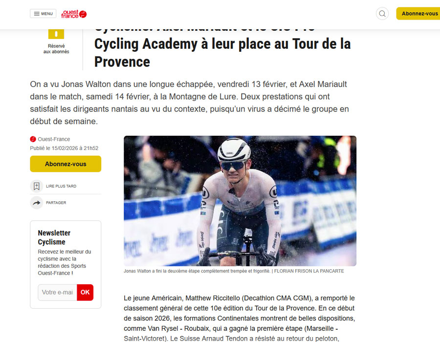Article du média français Ouest France sur le CIC Pro Cycling Academy
