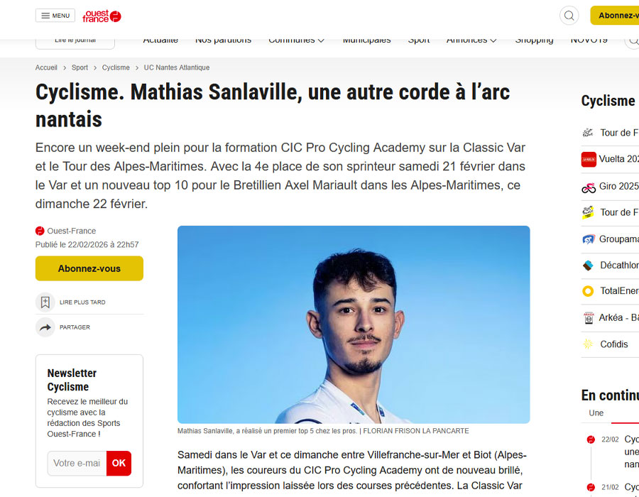 Article du média français Ouest France sur Mathias Sanlaville