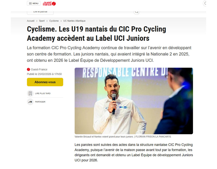 Article du média français Ouest France sur le CIC Pro Cycling Academy