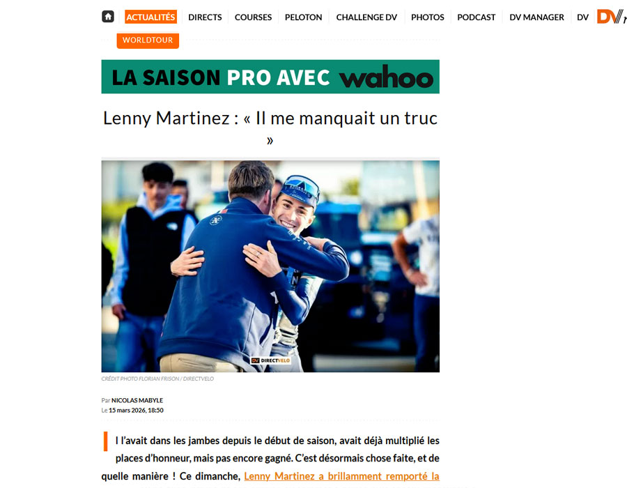 Article du média français Direct Velo sur Lenny MARTINEZ