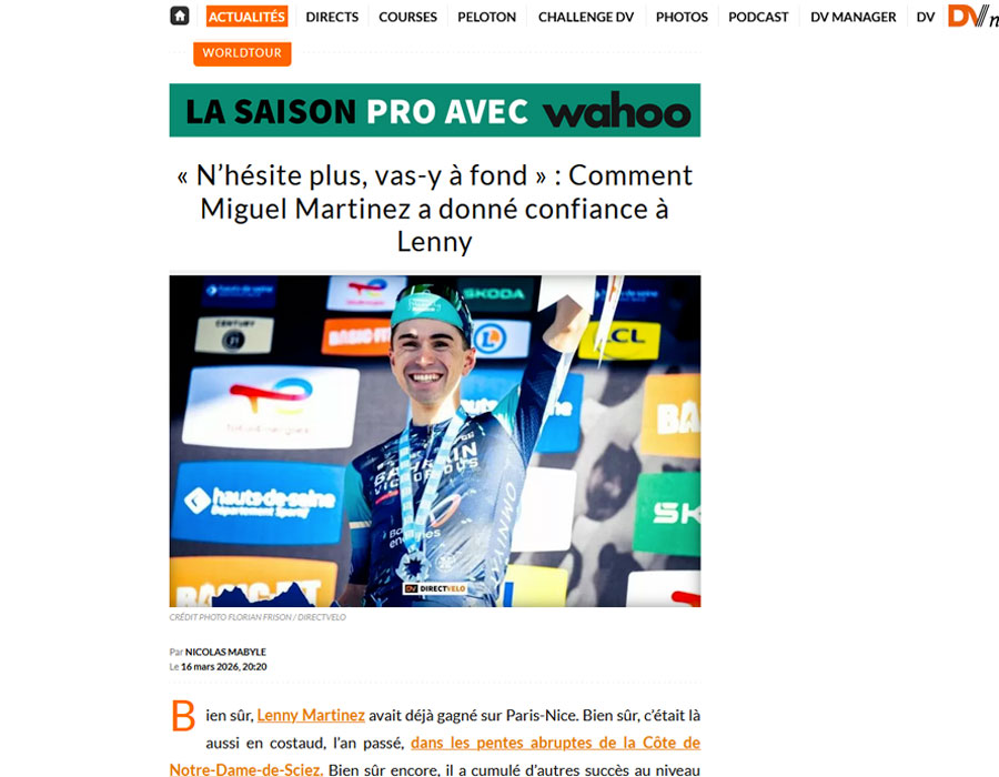 Article du média français Direct Velo sur Lenny MARTINEZ