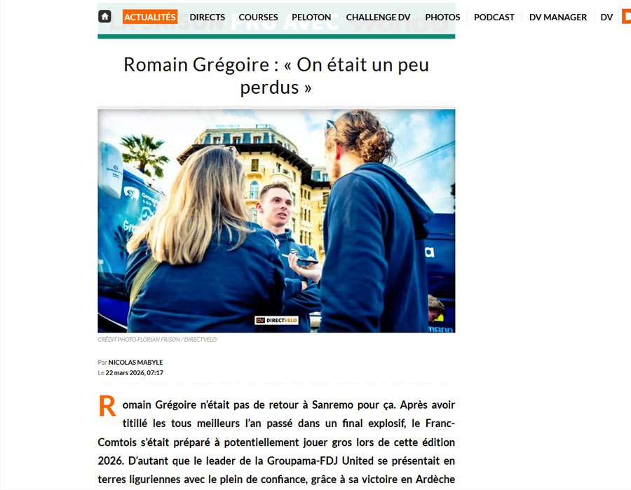 Article du média français Direct Velo sur Romain Grégoire