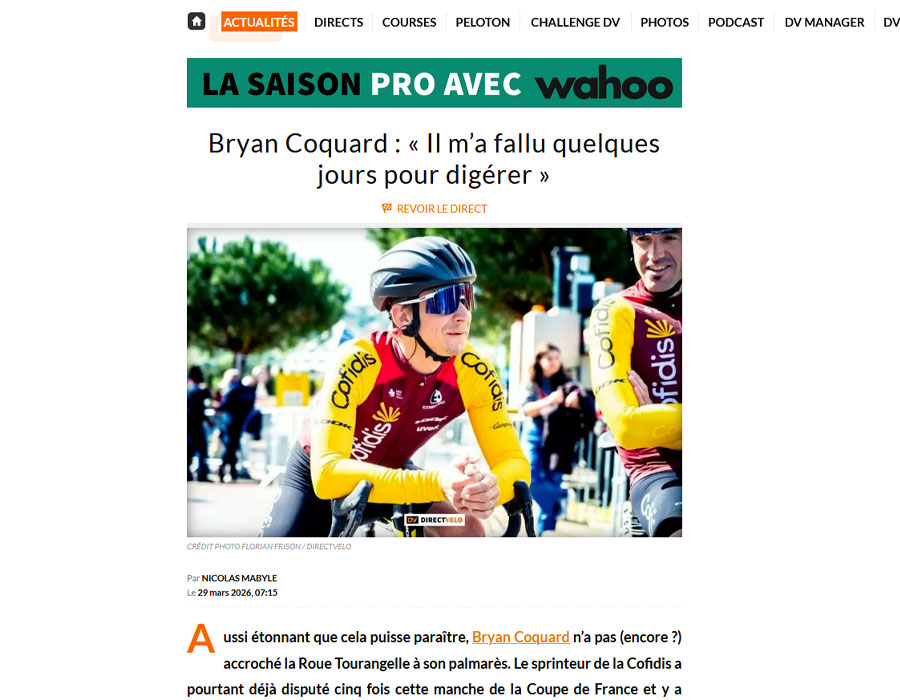 Article du média français Direct Velo sur Bryan Coquard 