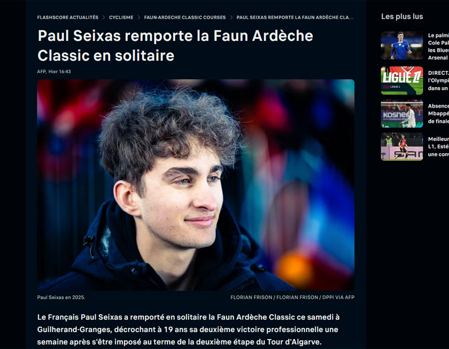Article du média français Flashscore sur le coureur français Paul Seixas
