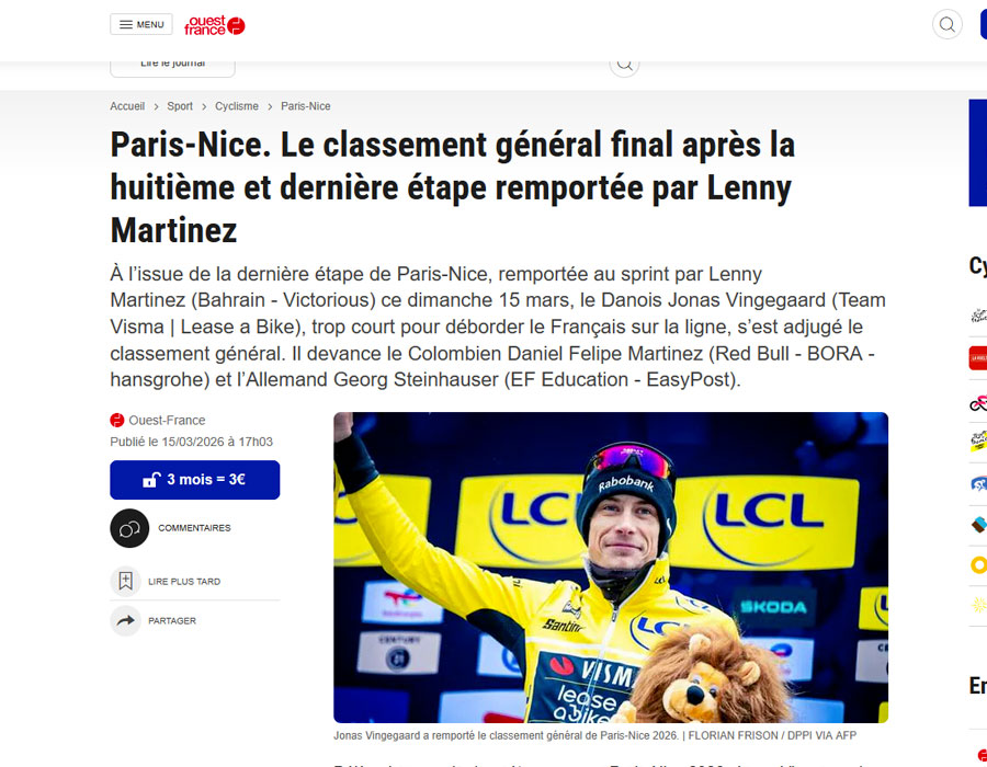 Article du média français Ouest France sur Jonas VINGEGAARD