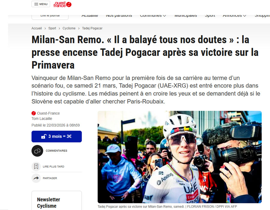 Article du média français Ouest France sur Tadej POGACAR