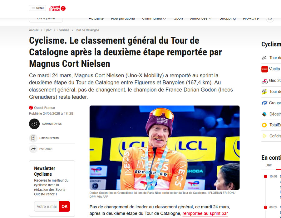 Article du média français Ouest France sur le Tour de Catalogne