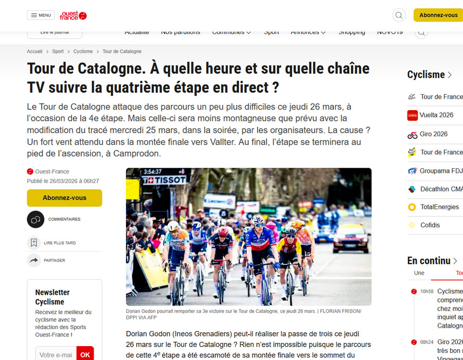 Article du média français Ouest France sur le Tour de Catalogne