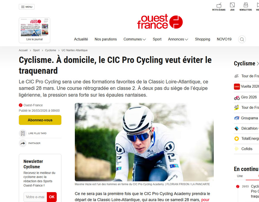 Article du média français Ouest France sur l'équipe CIC Pro Cycling Academy