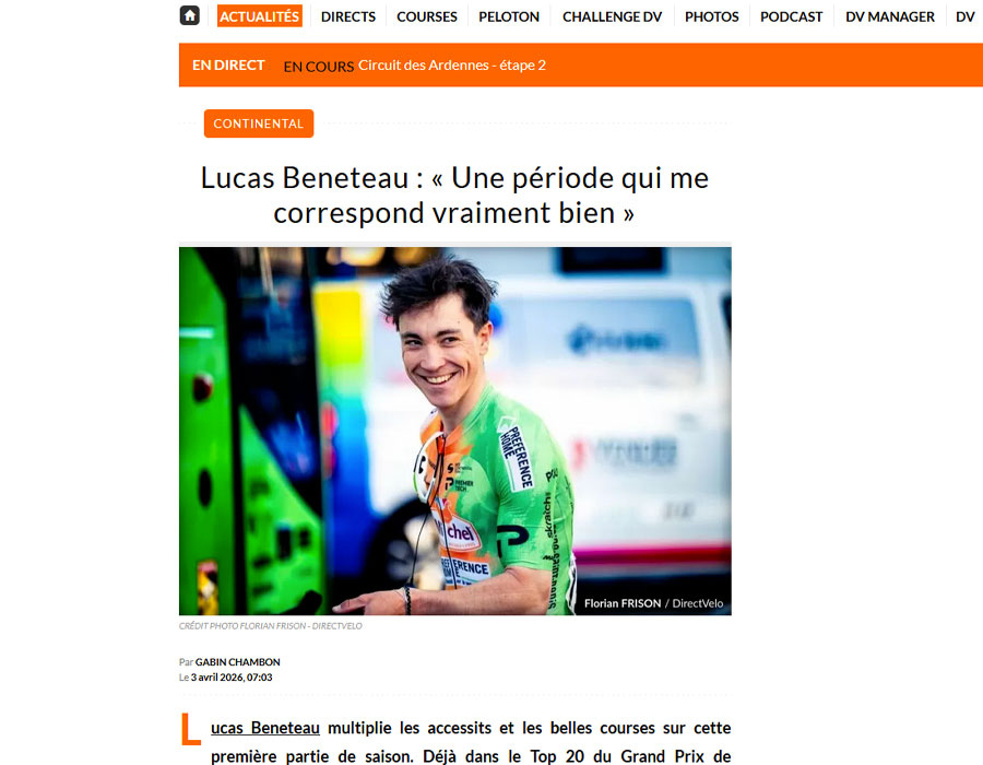 Article du média français Direct Velo sur Lucas Beneteau