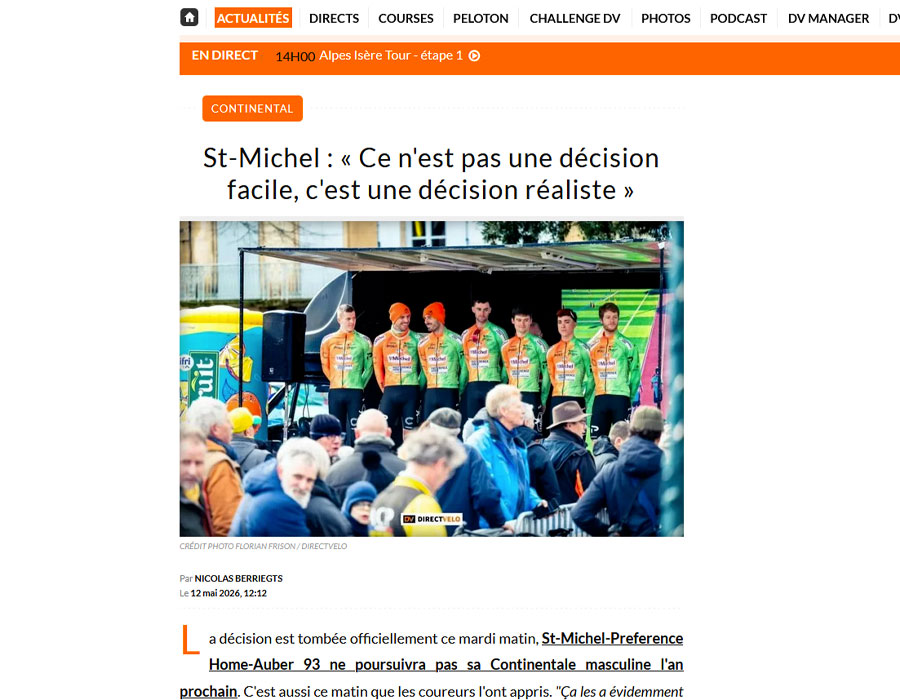 Article du média français Direct Velo sur  St-Michel-Preference Home-Auber 93