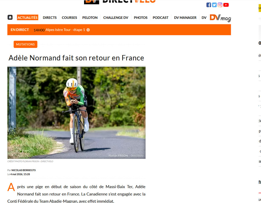 Article du média français Direct Velo sur Adele Normand