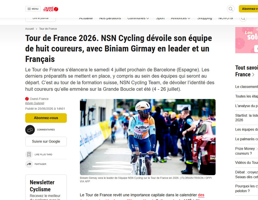 Article du média français Ouest France sur Biniam Girmay