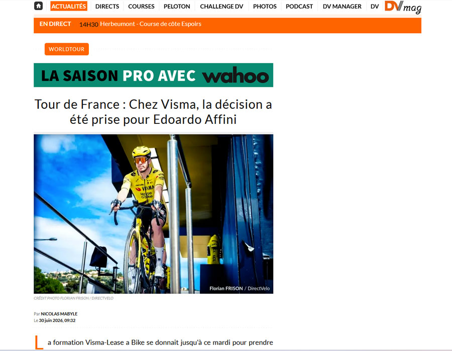Article du média français Direct Velo sur Edoardo Affini  