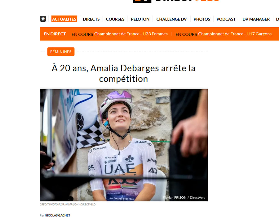 Article du média français Direct Velo sur Amalia Debarges<br /> 