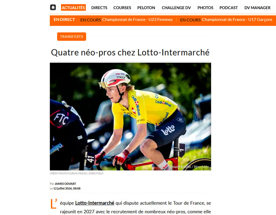 Article du média français Direct Velo sur Lotto-Intermarché