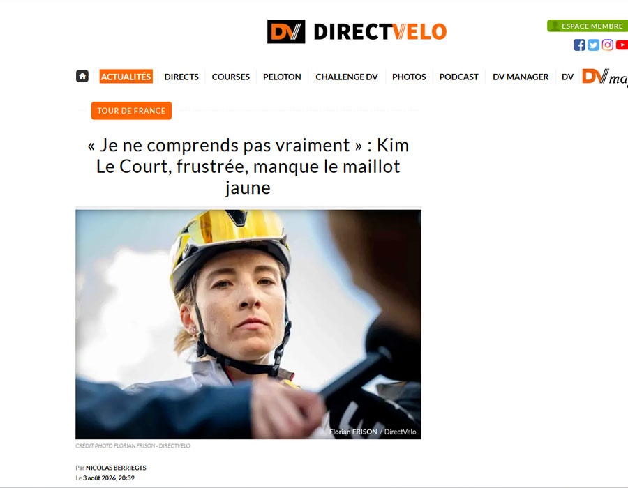Article du média français Direct Velo sur Kimberley Le Court de Billot
