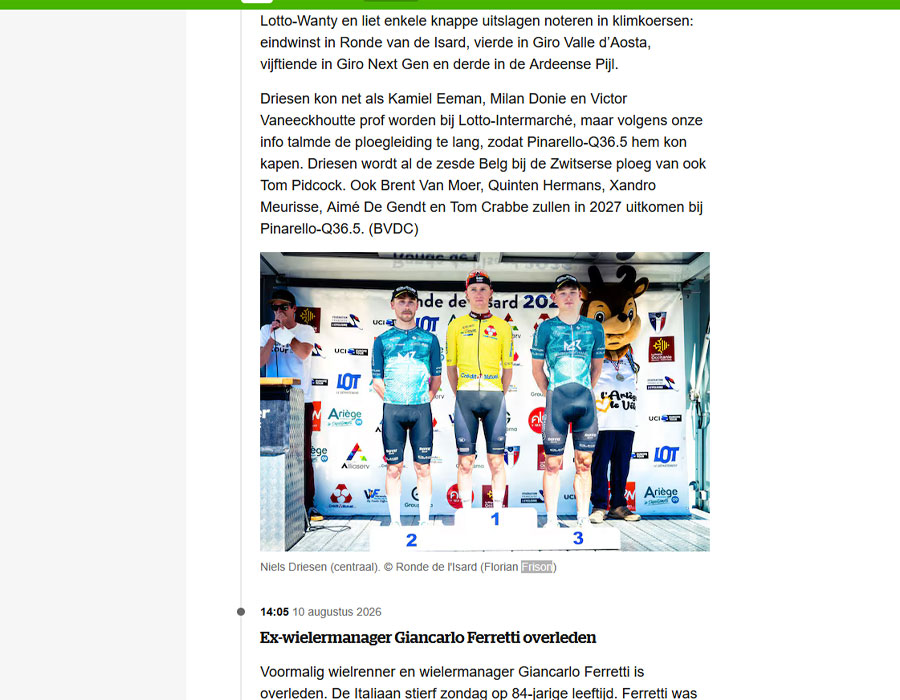 Article du média Belge HLN sur le Tour de l'Avenir