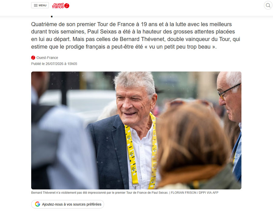 Article du média français Ouest France sur Bernard Thevenet et Paul Seixas